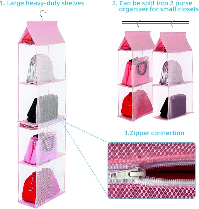 KEEPJOY Closet Purse Organizer, Hanging Handbag Organizer with 4 Heavy-Duty Mesh Shelves Closet Purse Storage Bag (Pink)