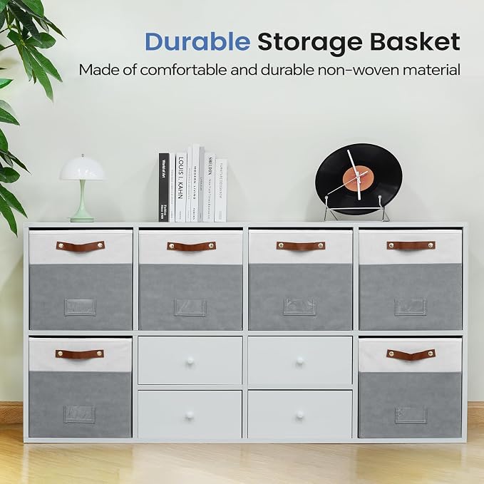 FinishingBo 6-Pack Storage Cubes with Handles & Label Holders Basket, Closet Cube Home Organizer Bins(White/Dark Grey, 13 x 13 x 13 inch)