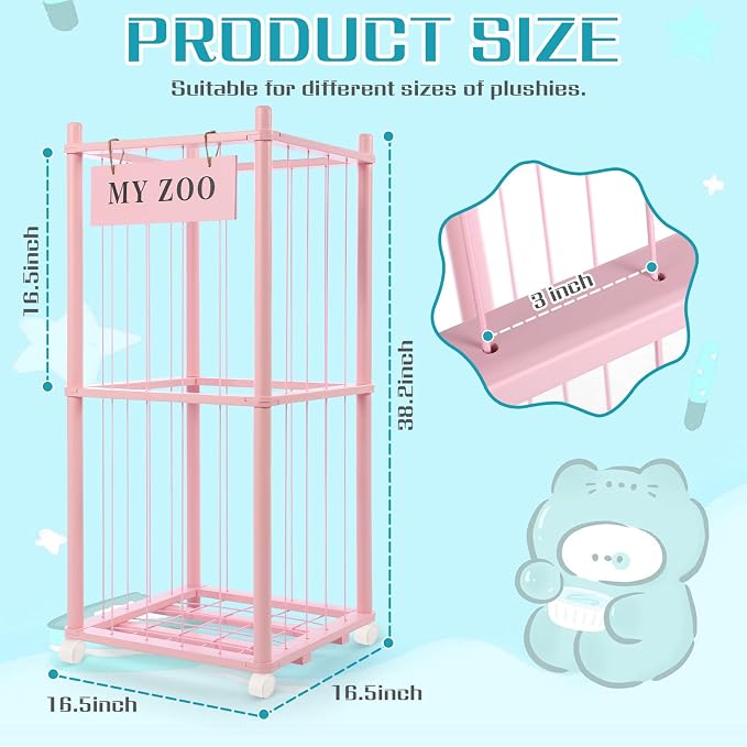 GLDZI Stuffed Animal Storage Zoo with Wheels, Wooden Stuffed Animal Organizer with Elastic Cords, Space Saving Toy Plushies Storage Holder for Playroom, Bedroom, Living Room(Pink, Small)