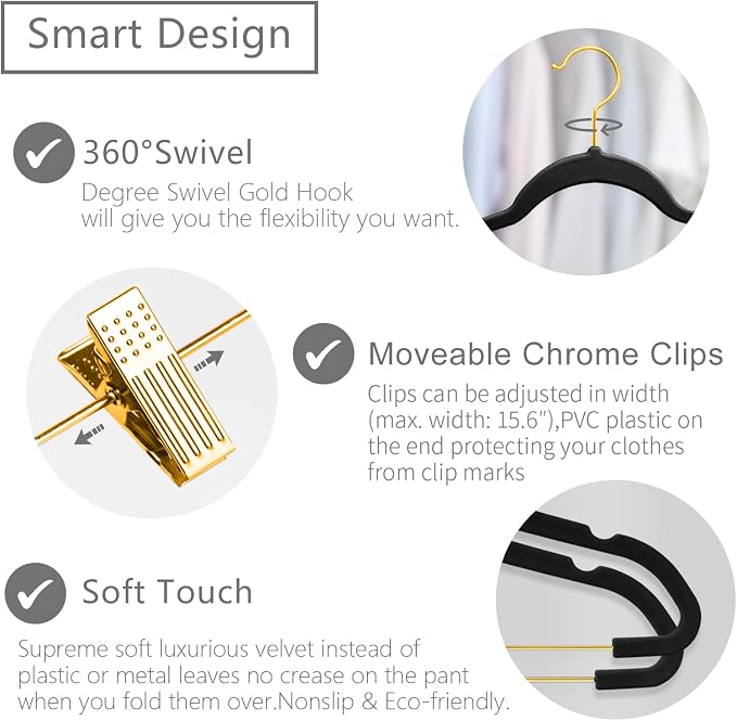MIZGI Premium Velvet Pants Hangers with Adjustable Clips (Pack of 20) Slim Skirt Hangers- Non Slip Felt Outfit Dress Hangers Black - Gold Hooks,Space Saving Shirt Clothes Hangers