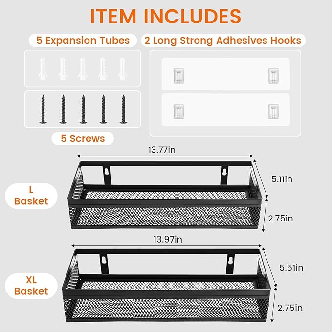 Hanging Wall Mount Storage Baskets with Adhesive Hooks & Screwing, Metal Wire Organizer Baskets for Home Decor, Kitchen, Bathroom, Pantry, Laundry, Closet, Garage, RV Black 2 Packs (Netting)