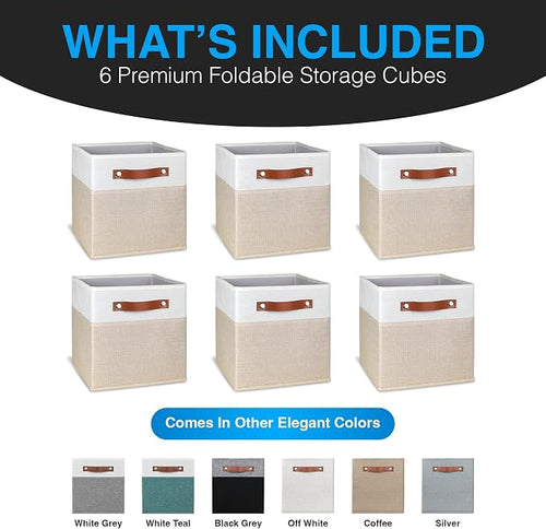 11 Inch Cube Storage Bin - 6 Pack - Linen Fabric 11x11 Cube Storage Bins for Bedroom, Living Room, Clothes and Toys; Foldable, Dual Leather Handles