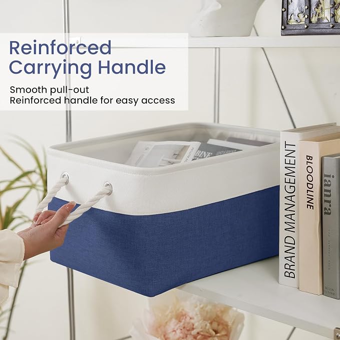 Large Storage Baskets- 15.7x11.8x8.26 inch Storage Bins for Shelves and Closet Organizing, Foldable Fabric Bin for Home Organization Clothes and Laundry (1-Pack, White&Blue)