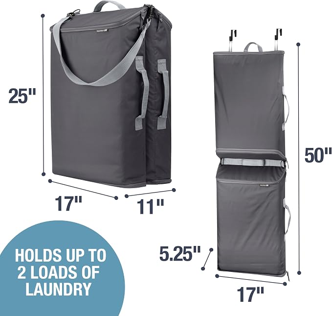 CleverMade Convertible Double Laundry Hamper, 43L, Over-the-Door, Stone | Dual compartments, bottom zippers, hooks and carry strap streamline sorting and unloading for dorms, apartments and bathrooms