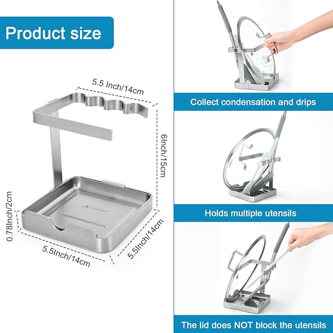 SOLEADER Pot Lid Holder While Cooking, 2 in 1 Stainless Steel Upright Spoon Rest with Drip Tray, Space Saving Kitchen Utensil Organizer for Stove Top Countertop, Lid Rack for Pots and Pans