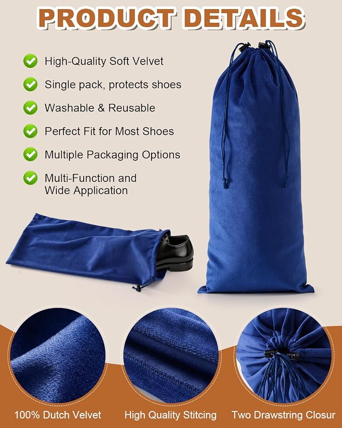6 Pcs Single Shoe Bags for Travel, Velvet Bag, Palace Blue, 17.3x8.6 Inch | Washable & Reusable Travel Shoe Bags, Dustproof Shoe Bags with Drawstring Closure, Suitable for Travel, Home Storage