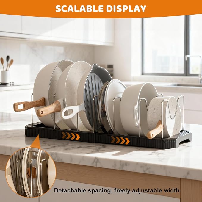 Expandable Pot Rack Organizer, 12 Adjustable Compartments, Pot and Pan Organizer Rack for Cabinet with Cup Brush Dividers, 13 -22" Wide Adjustable Pan Organizer - Pantry Countertop Storage (Black)