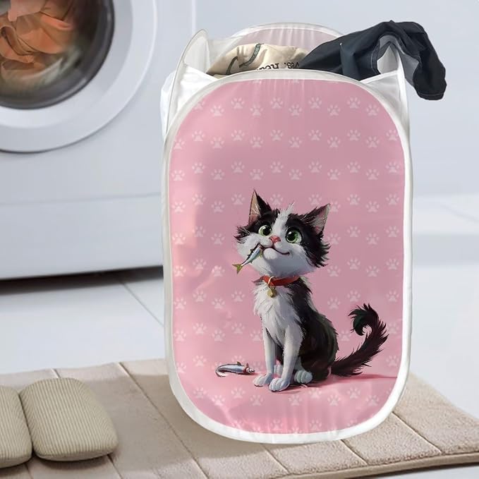 AFPANQZ Cartoon Cat Print Pop-Up Laundry Hamper with Side Pocket Mesh Fabric Collapsible Design for Clothes Laundry Home Organization Foldable Nursery Hampers 61L