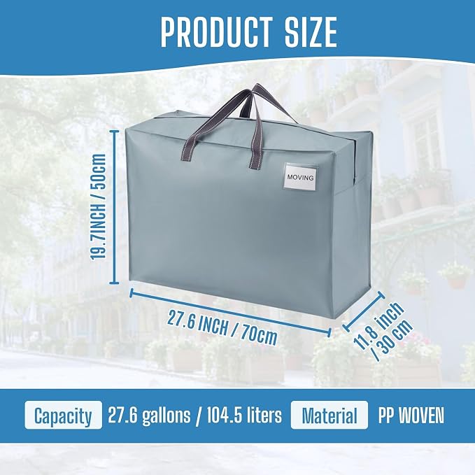 VENO 4 Pack Heavy Duty Moving Bags, Storage Bags, Packing Supplies, Top Zipper, Storage Totes for Camping, Clothes, Bedding, Comforters, Pillows (27 Gallon Light Blue, 4 Pack)