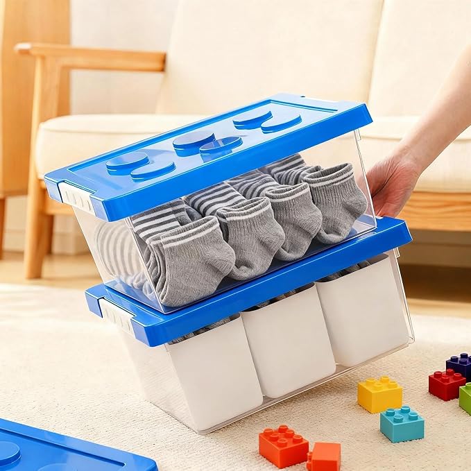 Plastic Storage Bins with Lids, Art Craft Supply Organizer Box with Brush Pot, Multipurpose Stackable Storage Containers for Organizing Tool, Craft, Crayon,Sewing (Blue)