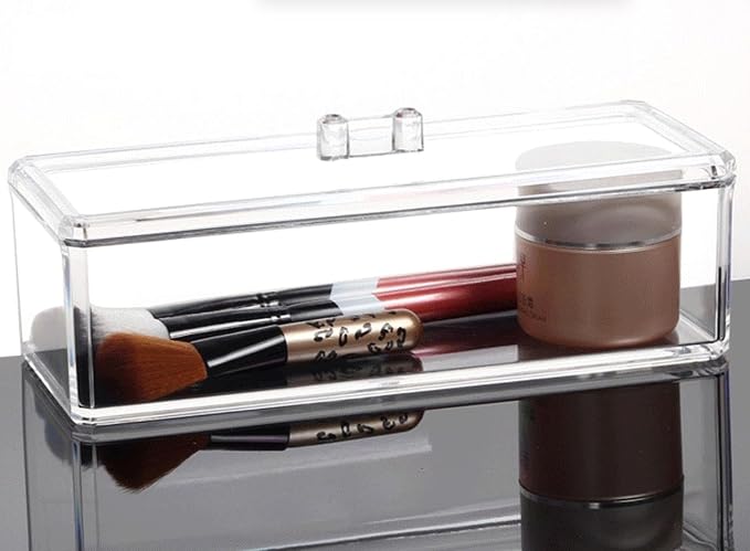 Acrylic Makeup Organizer Cosmetic Storage Display Case Makeup Brush Cotton Ball Pads Swab Q-tip Holder Lipstick Dispenser Canister Bathroom Container (9.2x3.7x3.5in, 1 Tier, Clear)