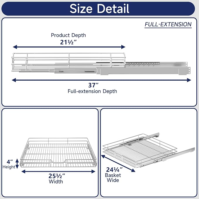 Pull Out Cabinet Organizer, 25.5" W x 21.5" D, Heavy Duty Chrome Slide Out Shelf for Wide Base Cabinets, Sliding Wire Basket Drawer for Pots, Pans, Appliances & Pantry Storage