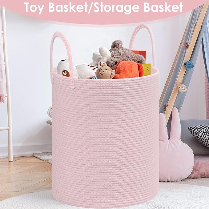 Large Woven Laundry Basket Hamper,100L Cotton Rope Storage Bin for Blankets,Toys and Clothes,Decorative Tall Nursery Hamper for Living Room,Baby Nursery,Bathroom and Bedroom,(Pink, XX Large)