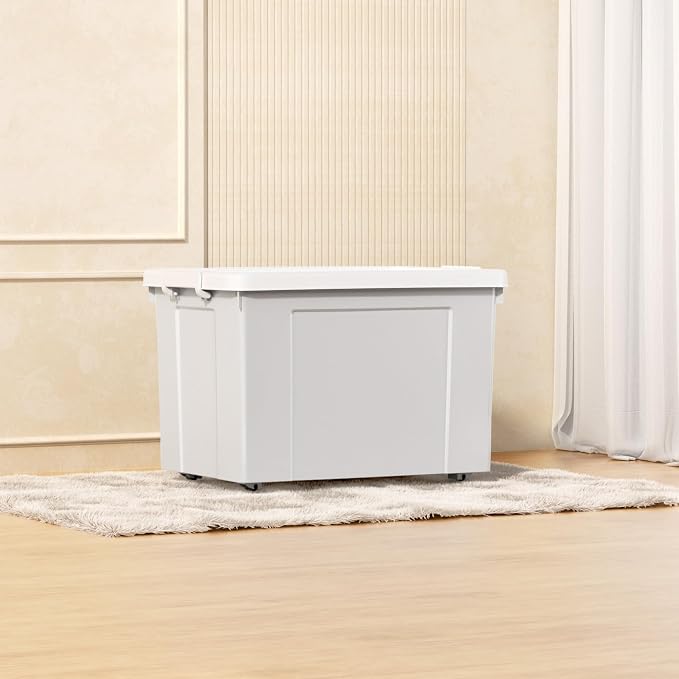 Cetomo Lidded Storage Bin with Handle, Tote Organizing Container with Wheels, Lid and Secure Latching Buckles, Stackable and Nestable, Plastic, 95 Quart-4 Pack, Gray