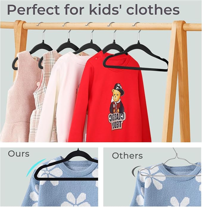 ManGotree 14 Inch Kids Velvet Hangers for Closet, Ultra-Thin Space Saving Children's Clothes Hangers, Non-Slip Felt Toddler Hanger for Youth's Clothes (66 Pack, Black)