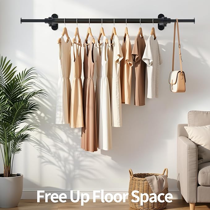 Luxspire Wall Mounted Clothes Rack, Industrial Pipe Clothing Rack, 28" Heavy Duty Extendable Iron Garment Bar, Multi-Purpose Hanging Rods for Clothes Bedroom, Laundry Room, Closet 1 Pack, Black