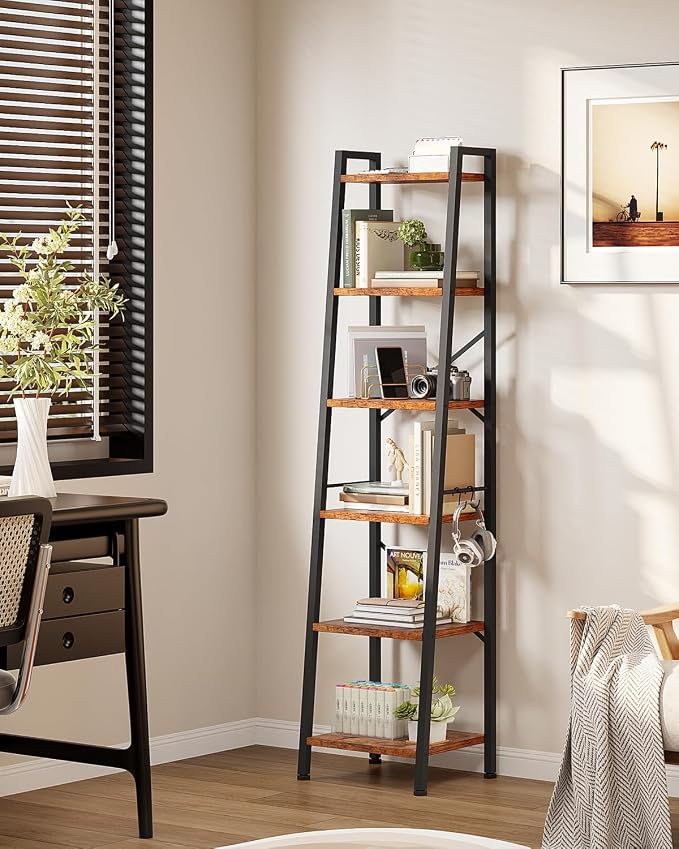 Furologee 6 Tier Ladder Shelf Bookcase, Tall Ladder Bookshelf Narrow with 2 Hooks, Industrial Metal Wooden Shelf Free Standing, Skinny Bathroom Shelves for Bedroom Living Room Kitchen, Rustic Brown