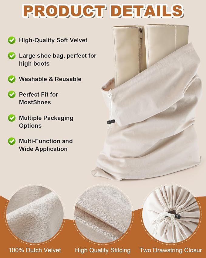 4 Pcs Shoe Bags for Travel, Large Boot Bag, Beige, 21.2x13.3 Inch | Washable & Reusable Travel Shoe Bags, Dustproof Shoe Bags with Drawstring Closure, Suitable for Travel, Home Storage