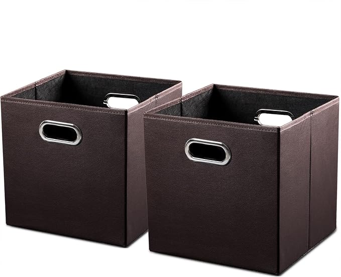 PRANDOM Leather Foldable Cube Storage Bins 11x11 inch [2-Pack] Fabric Storage Baskets Cubes Drawer with Cotton Handles Organizer for Shelves Nursery Closet Bedroom Clothes Brown