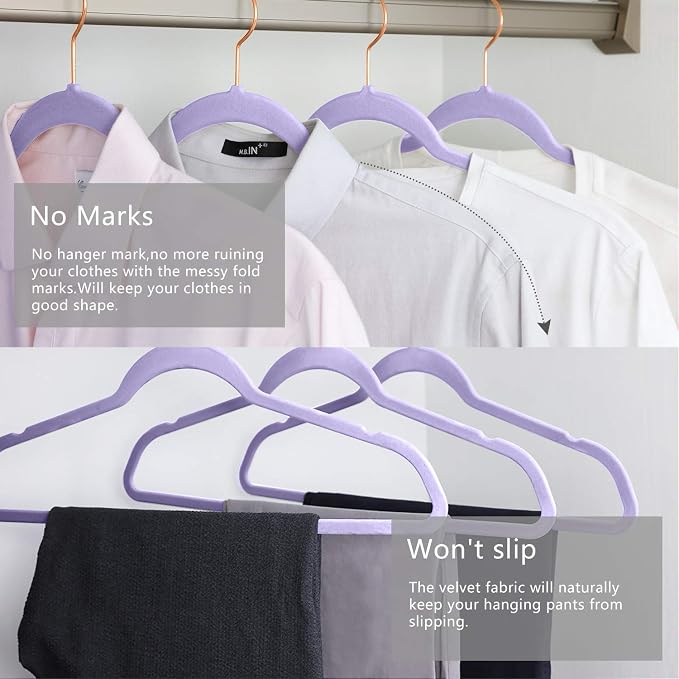 MIZGI Premium Velvet Hangers (50 Pack) - Heavy Duty Non Slip Felt Suit Hangers - Light Purple Rose Gold Hooks, Space Saving