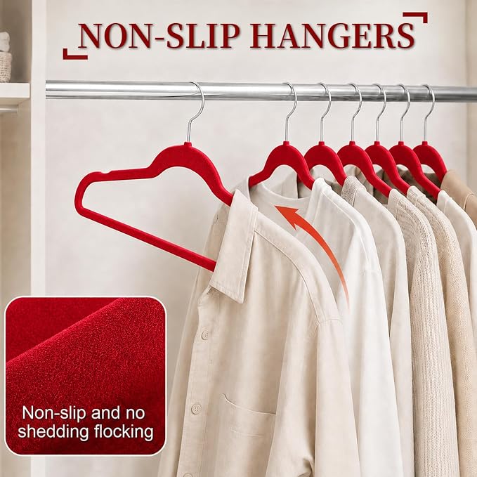 Velvet Hangers 50 Pack, Non Slip Clothes Hangers with Shoulder Notches, Slim Felt Hanger with 360° Swivel Hook, Space-Saving, Heavy Duty, for Coat, Shirt, Pants, Dress, Suits, Red