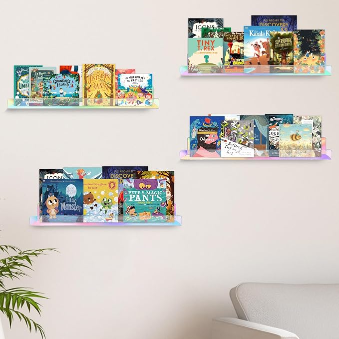 Dezzer 4 Pack Acrylic Shelves for Wall, 15" Acrylic Floating Shelves for Bathroom Bedroom, Invisible Bookshelf Wall Ledge Storage Shelf Books Perfume Toys Action Figure Display Shelves, Iridescent