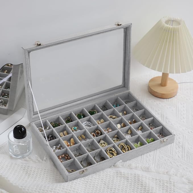 Stratalife 40 Grid Earring Organizer: Jewelry Holder Organizer Box with Clear Glass Lid, Velvet Jewelry Storage for Studs, Earrings, Rings, Necklace with Removable Dividers for Dresser, Grey