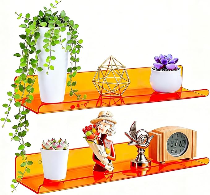 ROYALITA 2-Pack Acrylic Shelves Wall Mounted, 17 Inch Display Shelves | for Small Items Plants Organize Wall Shelves for Gaming Room, Bedroom, Living Room, Office, Orange