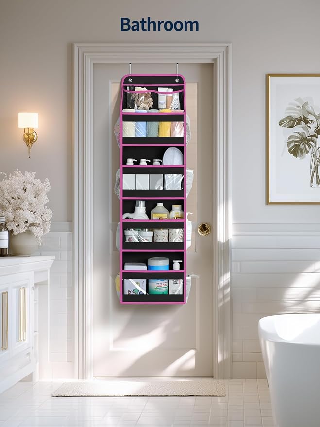 Yecaye 5 Tier Over the Door Organizer, Swing-proof Door Organizer Hanging with Clear PVC Windows, Behind the Door Storage for Bedroom Nursery Closet Laundry Pantry Bathroom, Pink and Black