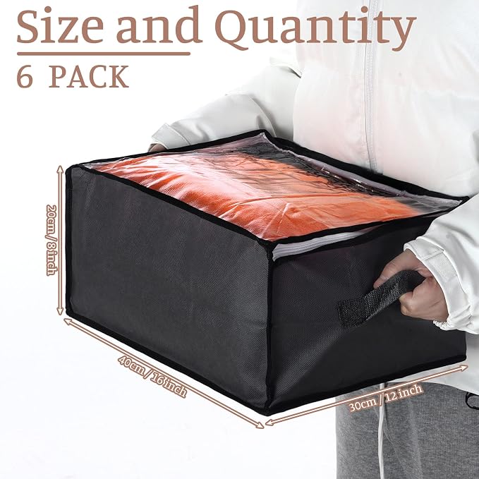 Sadnyy 6 Pcs Clear Storage Bags with Zippers Foldable Clothes Containers Case Plastic Organizer Large Sweater Storage Bins with Handles for Fabric Blanket Cloth Bedding(16 x 12 x 8 Inch,Gray)