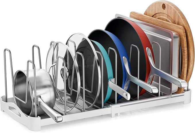 EVERIE Adjustable Bakeware Organizer Pot Lid Holder Rack for Pots, Cake Molds, Cutting Boards, Mats, Cookware, GS02SS, 7.7'' Deep by 12.6'' to 21.5'' Wide