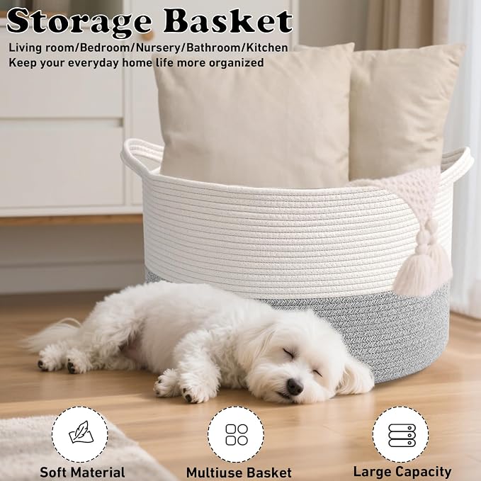 115L Extra Large Woven Cotton Rope Blanket Basket with Handles, Laundry Hamper Storage Bin for Pillows, Comforters,Clothes, Bedroom and Living Room Organization,White&Grey
