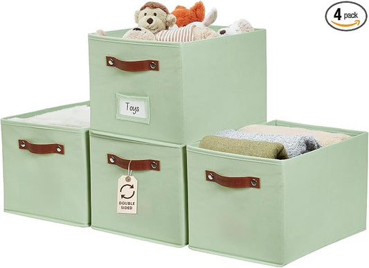 DECOMOMO Storage Bins, Large Fabric Baskets for Shelves, Green (4 Pack) | 15" x 11" x 9.9" foldable closet organizers and storage bins with labels & handles
