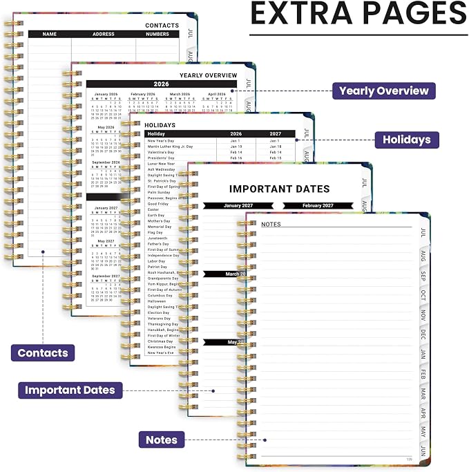 Planner 2026-2027, Hardcover Monthly and Weekly Academic Planner July 2026 - June 2027, Teacher and Student Calendar Agenda Book with Tabs, A5 (6.3" x 8.5"), Ideal for School and Office, Floral Planner, Chromatic Woods