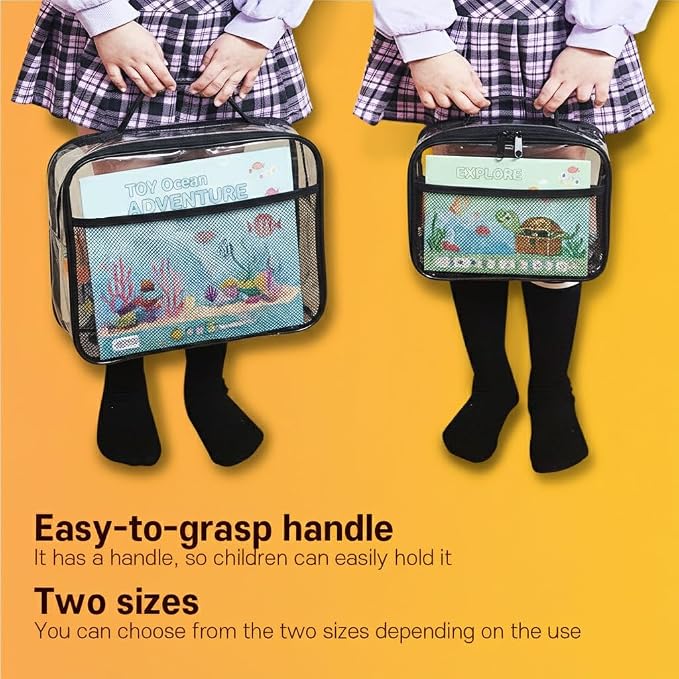 holay 4 Packs PVC Toy Storage Organizer with Zipper, Name Tag & Manual Pocket, Clear Durable Case for Blocks, Clay, Board Games, Travel (Black, Small, Large)