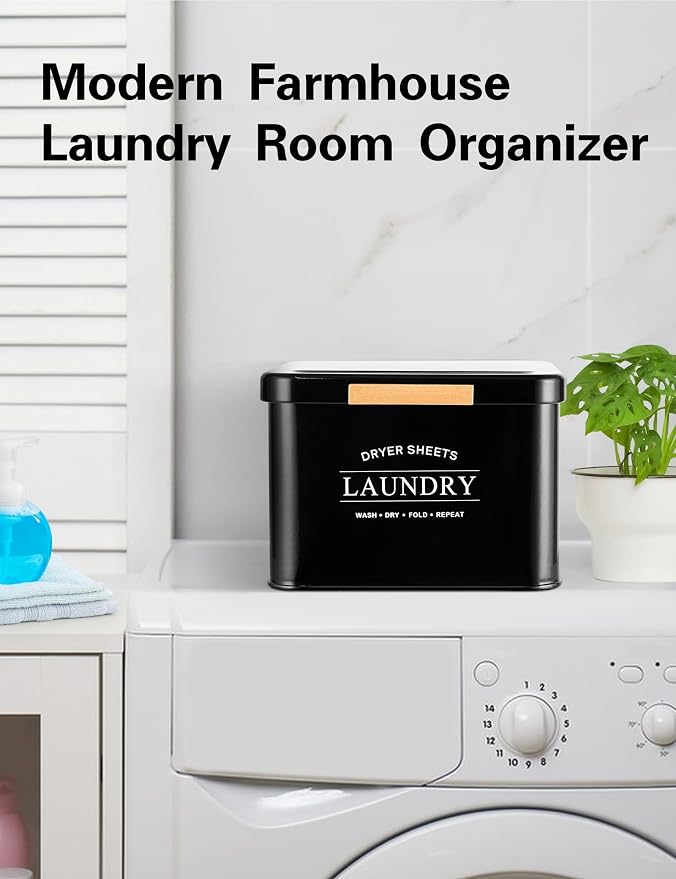 Dryer Sheet Holder with Hinged Lid for Laundry Room Organization, Metal Farmhouse Dryer Sheet Container, Dryer Sheet Box Laundry Room Decor & Accessories (Black)