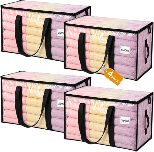 Velway Pack of 4 95 L Storage Bags, Heavy-Duty Christmas Warehouse, Transparent Moving Boxes, Large, Foldable with Zip Handle, Waterproof Storage Bag for Moving Bedding, Clothing Storage