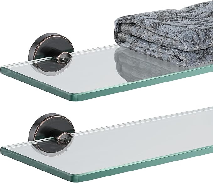 JQK Bathroom Glass Shelf Oil Rubbed Bronze, Tempered Glass Shower Storage 16 by 5 inches, 304 Stainless Steel ORB Wall Mount 2 Pack, TGS101L16-ORB-P2