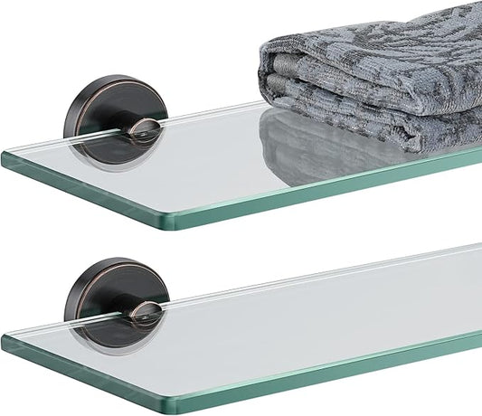 JQK Bathroom Glass Shelf Oil Rubbed Bronze, Tempered Glass Shower Storage 16 by 5 inches, 304 Stainless Steel ORB Wall Mount 2 Pack, TGS101L16-ORB-P2