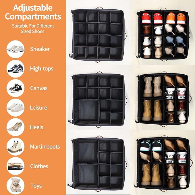 INSTY 2 Pack Shoe Organizer for Closet, Fits up to 32 Pairs, Adjustable Dividers for Shoe Storage, Space-Saving Shoe Bins and Clear Top, Black