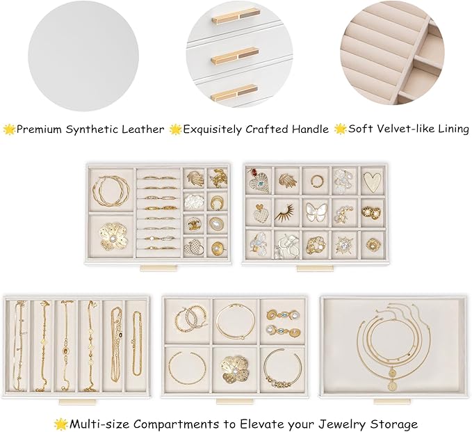 VLANDO 5-Drawer Jewelry Box with Glass Lid, Faux Leather Organizer for Rings Earrings Necklaces and More, Gift-Ready Jewelry Case for Women Girls or Moms, White