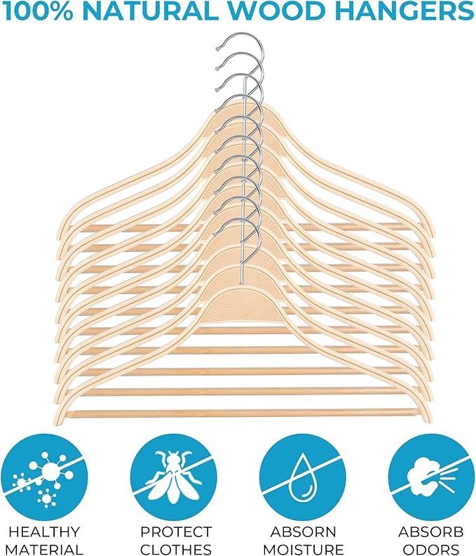 JS HANGER Wooden Coat Hangers, 30 Pack Light Weight Wood Coat/Suit Hangers with Non-Slip Pant Bar, Natural Finish