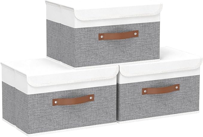 Yawinhe Collapsible Storage Bins, Stackable Boxes with Lids, Cube Clothes Organizer Basket with Handles for Home, Grey and White, 10.2x7.9x6.7 In, 3-Pack, SNK024WGN-3