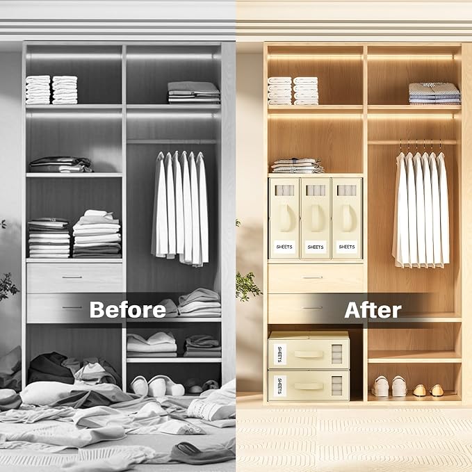 Foldable Bedding Organizer, Fabric Storage Bins for Bed Sheets, Duvet Covers and Pillowcases, Closet Organizer, Storage Container Boxes for Blankets, Clothes (4 pack(Queen or King), Beige)