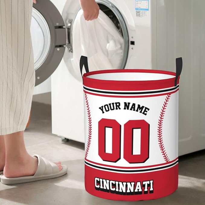 Custom Cincinnati Laundry Hamper Personalized Laundry Basket Customized Name And Number Collapsible Storage Basket for Bedroom Bathroom Living Room Baseball Fan Gifts
