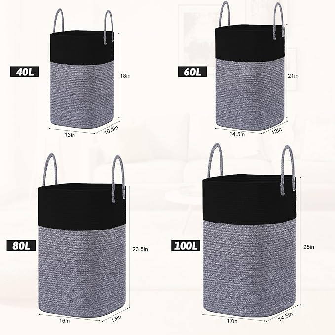 Laundry Basket,Woven Cotton Rope Laundry Hamper,Versatile Storage for Dirty Clothes,Baby Toys,and Blankets in Bathroom, Nursery,and Living Room (Black, 100L)
