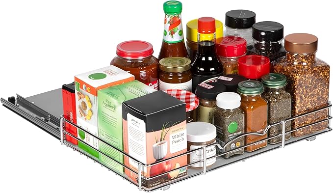 Pull-Out Cabinet Spice Rack Organizer, 16 ⅜"W x 10 ⅜"D x 2 ¾"H | Slim Slide-Out Storage for Spices, Bottles & Jars, Premium Heavy-Duty Steel, Easy Install for Narrow Kitchen Cabinets, Chrome