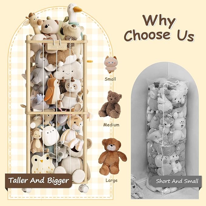 EXPERLAM Stuffed Animal Storage Zoo with Wheels,Montessori-Inspired Solid Pine Wood Plush Toy Organizer,Stuffed Animal Holder with Thick Elastic Cords for Kids Room,Nursery and Bedroom,Small