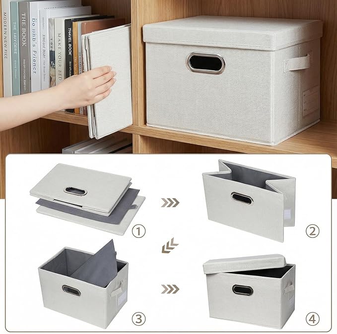 PRANDOM Storage Bins with Lids [3-Pack] Linen Fabric Foldable Storage Boxes Organizer Containers Baskets Cube with Cover for Bedroom Closet Office Beige（11.4X8.6X6.7