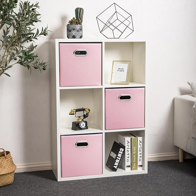 PRANDOM Leather Foldable Cube Storage Bins 11x11 inch [2-Pack] Fabric Storage Baskets Cubes Drawer with Cotton Handles Organizer for Shelves Nursery Closet Bedroom Clothes Pink